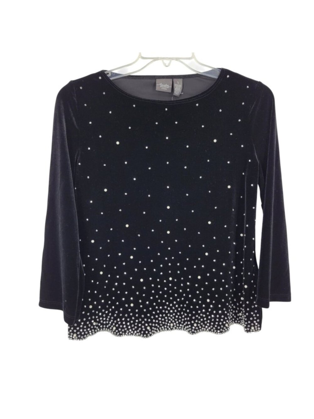 Chicos Travelers 1 Black Velvet Top Rhinestone Pearl Embellished Holiday Evening